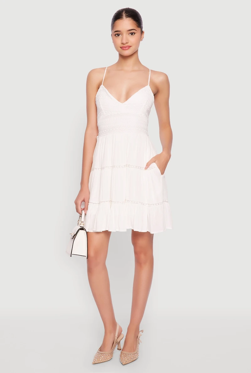 Womens Iris Gauze Knit Crochet Detail Tiered Dress, White, Size L