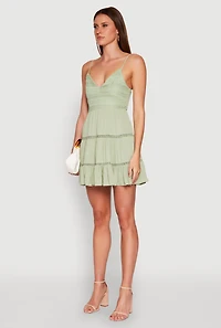 Womens Iris Gauze Knit Crochet Detail Tiered Dress, Green, Size S