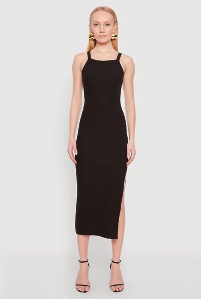 Womens Iris Ribbed Knit Side Slit Dress, Black,
