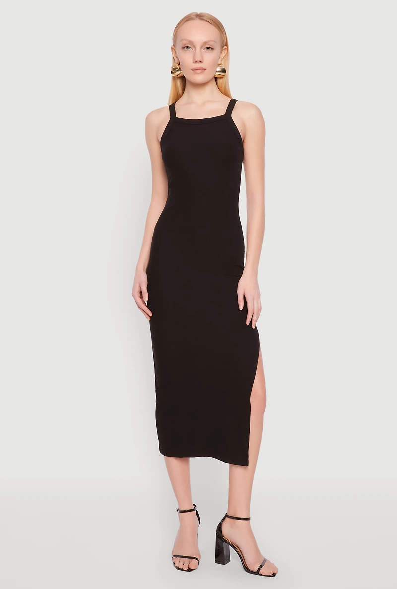 Womens Iris Ribbed Knit Side Slit Dress, Black, Size S