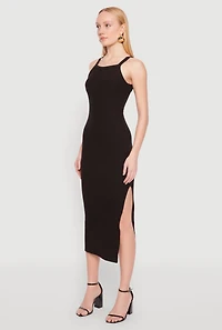 Womens Iris Ribbed Knit Side Slit Dress, Black,