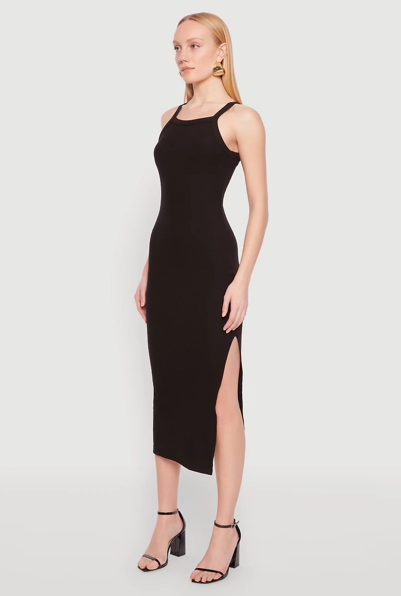 Womens Iris Ribbed Knit Side Slit Dress, Black, Size S