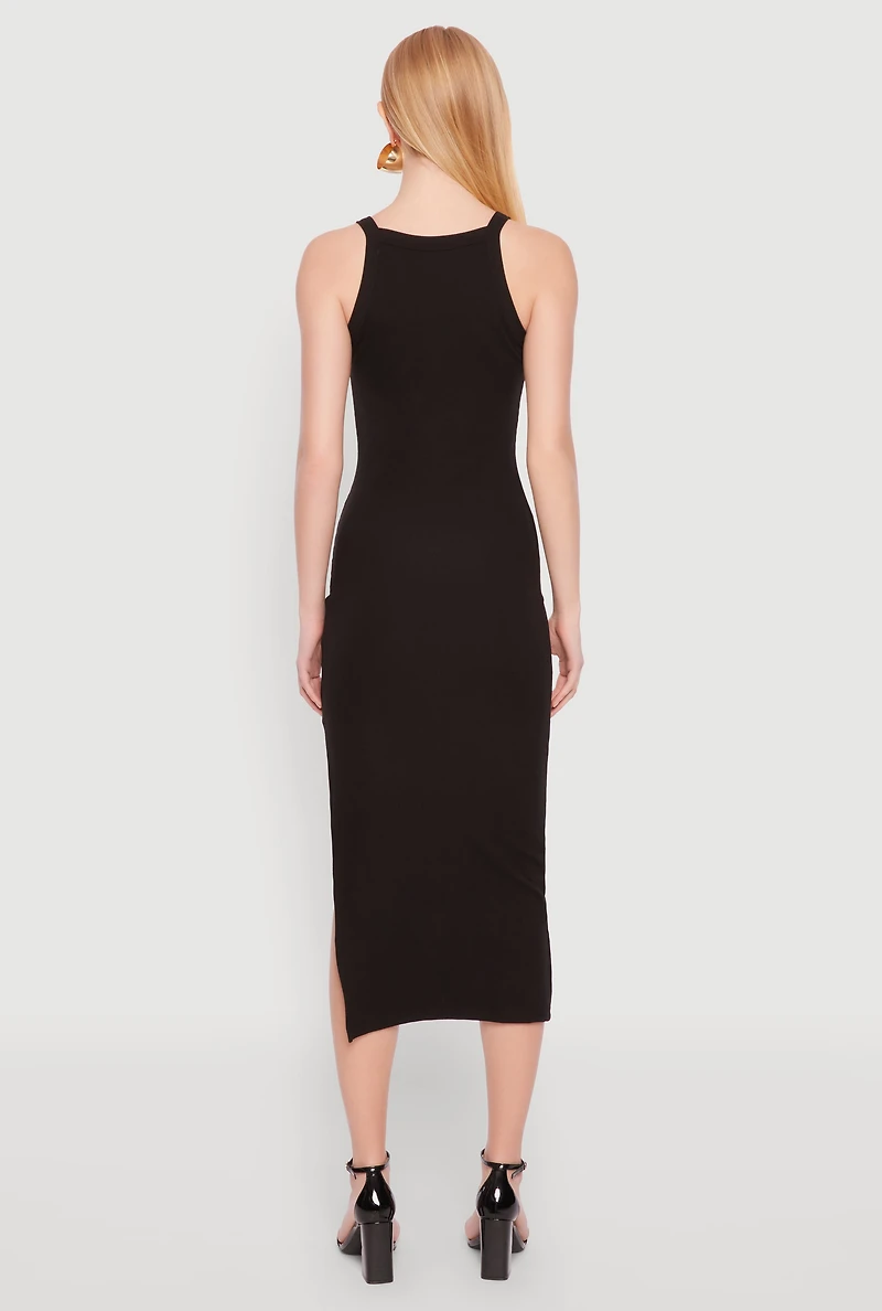 Womens Iris Ribbed Knit Side Slit Dress, Black, Size M