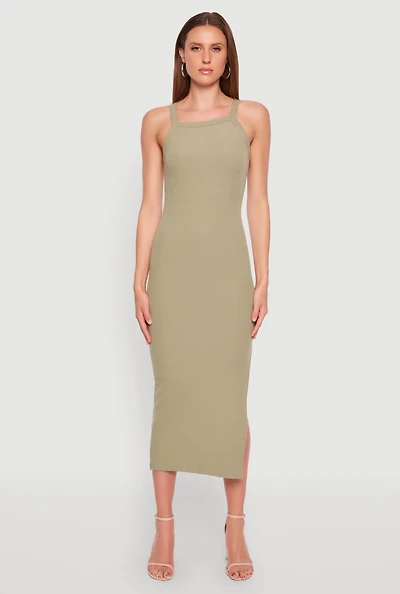 Womens Iris Ribbed Knit Side Slit Dress, Green, Size M