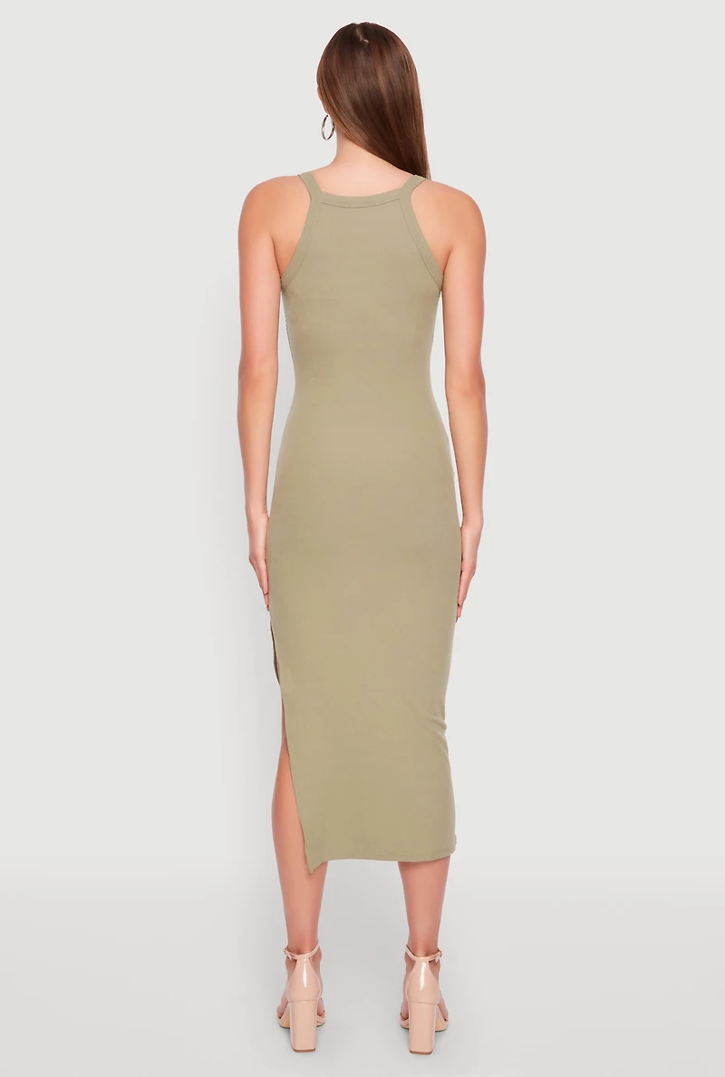 Womens Iris Ribbed Knit Side Slit Dress, Green, Size M