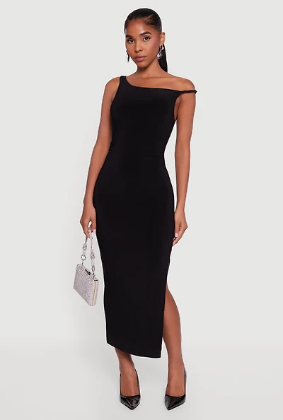 Womens One Shoulder Sleeveless Side Slit Dress, Black,