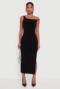 Womens One Shoulder Sleeveless Side Slit Dress, Black,