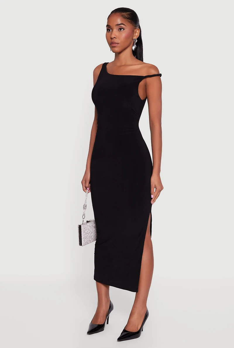 Womens One Shoulder Sleeveless Side Slit Dress, Black,