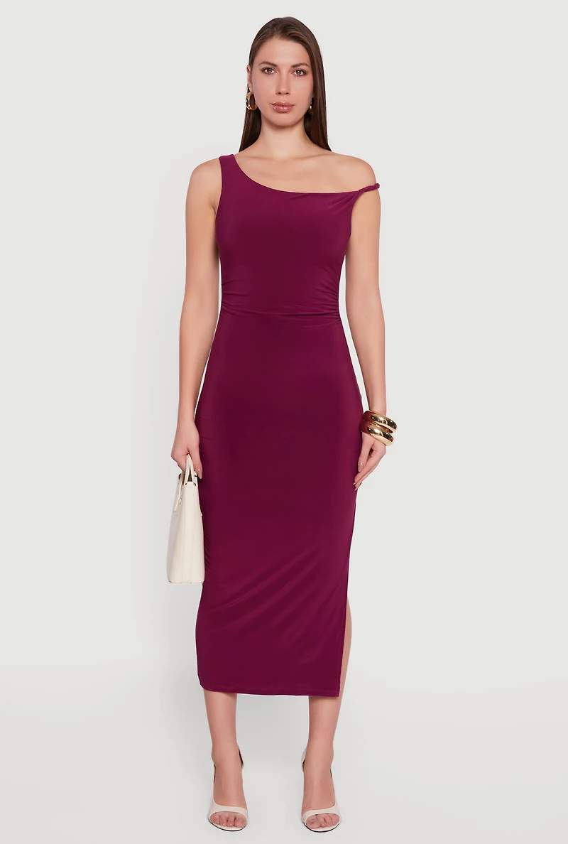 Womens One Shoulder Sleeveless Side Slit Dress, Purple, Size S