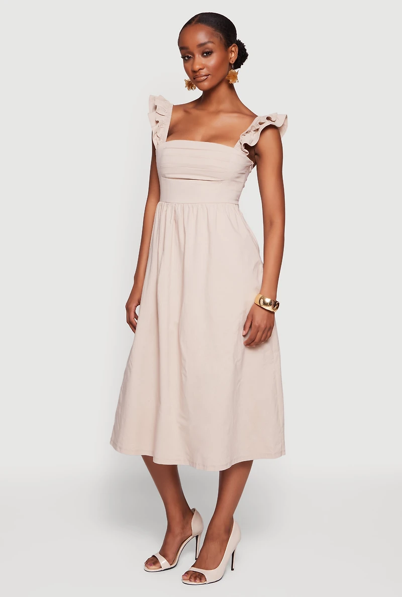 Tiered Ruffle Sleeve Lace Up Back Midi Dress