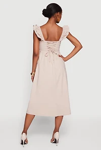 Tiered Ruffle Sleeve Lace Up Back Midi Dress