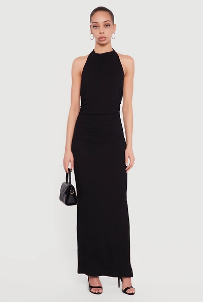 Textured Knit Ruched Side Halter Maxi Dress