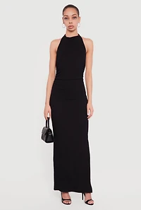 Textured Knit Ruched Side Halter Maxi Dress