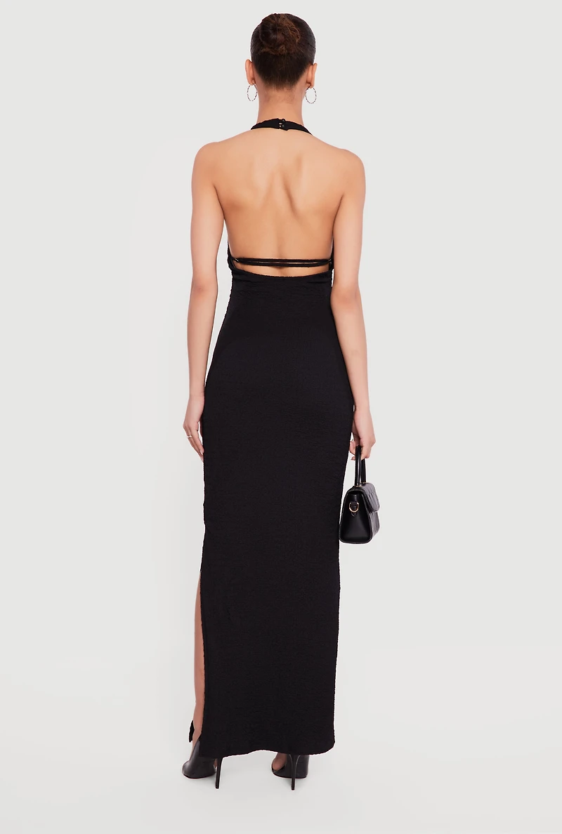 Textured Knit Ruched Side Halter Maxi Dress