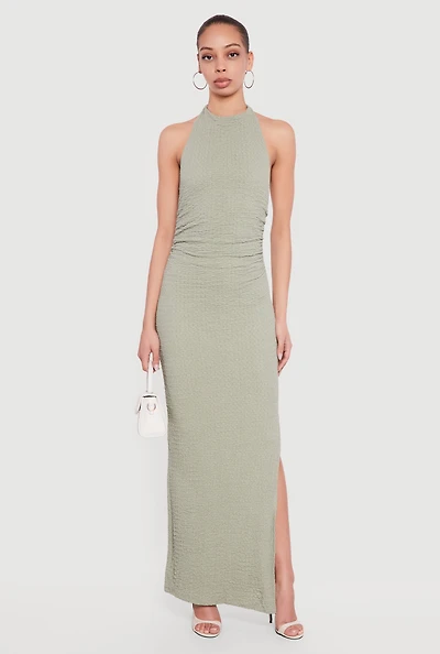 Textured Knit Ruched Side Halter Maxi Dress