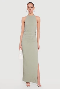 Textured Knit Ruched Side Halter Maxi Dress