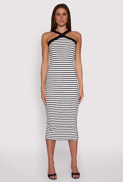 Womens Iris Striped Halter Midi Dress, Multi,