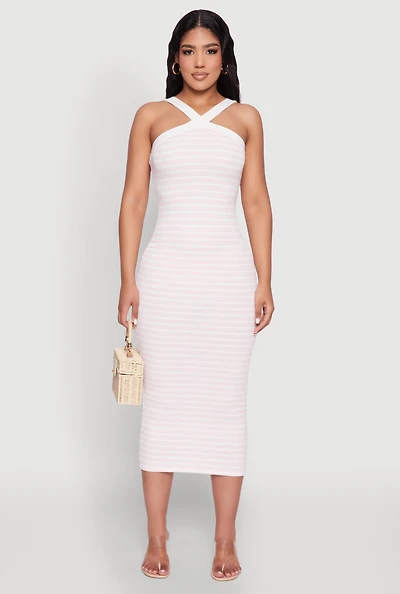 Womens Iris Striped Halter Midi Dress, Multi, Size S