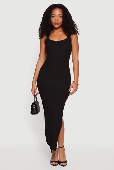 Lace Trim Ribbed Knit Midi Dress with Side Slit