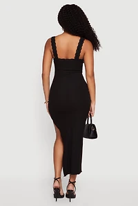 Lace Trim Ribbed Knit Midi Dress with Side Slit