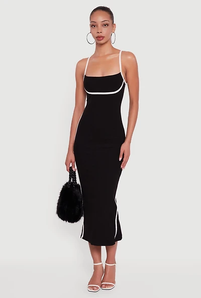 Womens Contrast Trim Square Neck Slit Back Maxi Dress, Black, Size S
