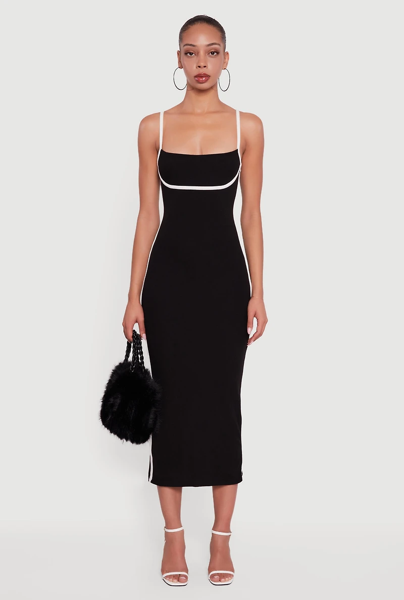 Womens Contrast Trim Square Neck Slit Back Maxi Dress, Black, Size S