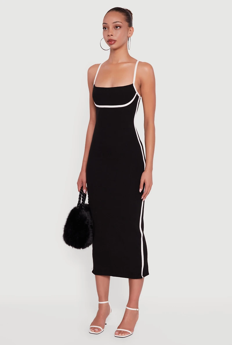 Womens Contrast Trim Square Neck Slit Back Maxi Dress, Black, Size M