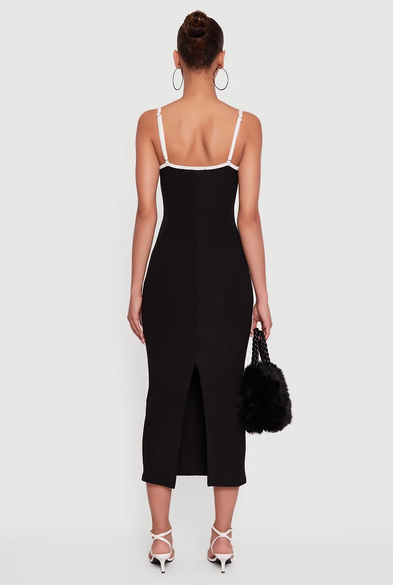 Womens Contrast Trim Square Neck Slit Back Maxi Dress, Black, Size S