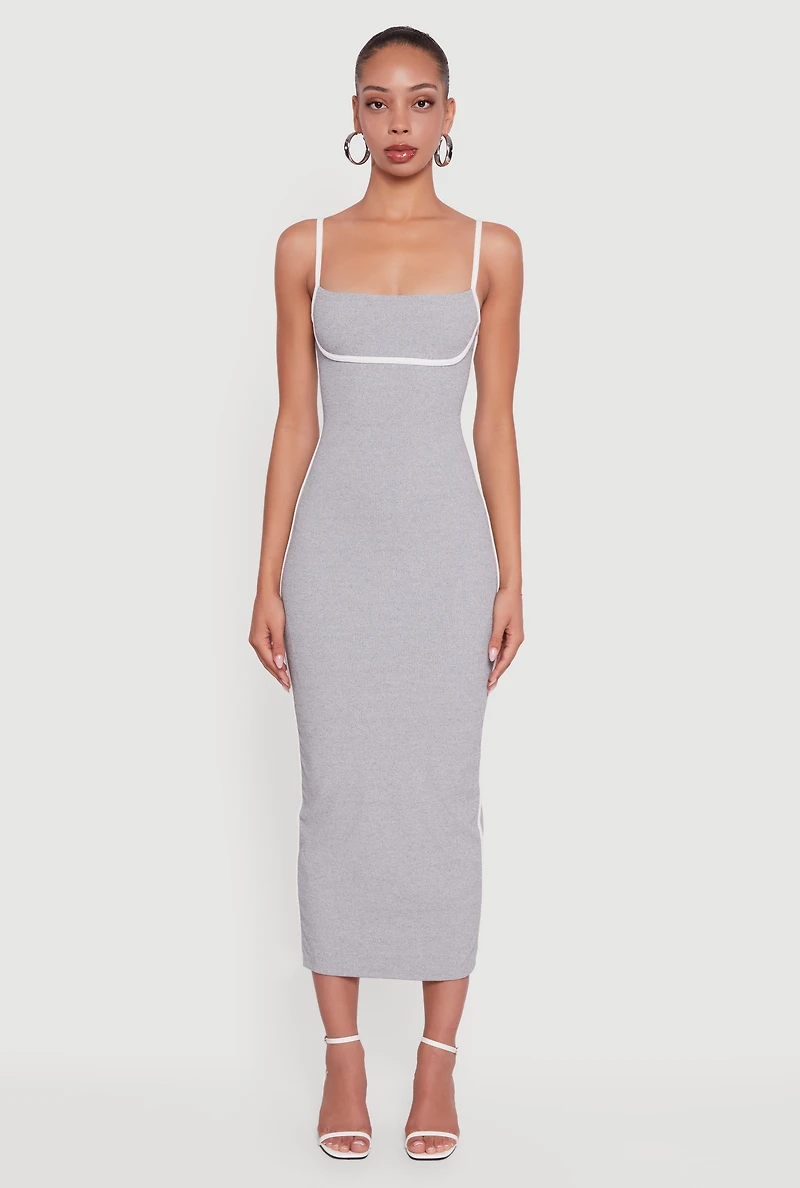 Womens Contrast Trim Square Neck Slit Back Maxi Dress, Grey, Size M