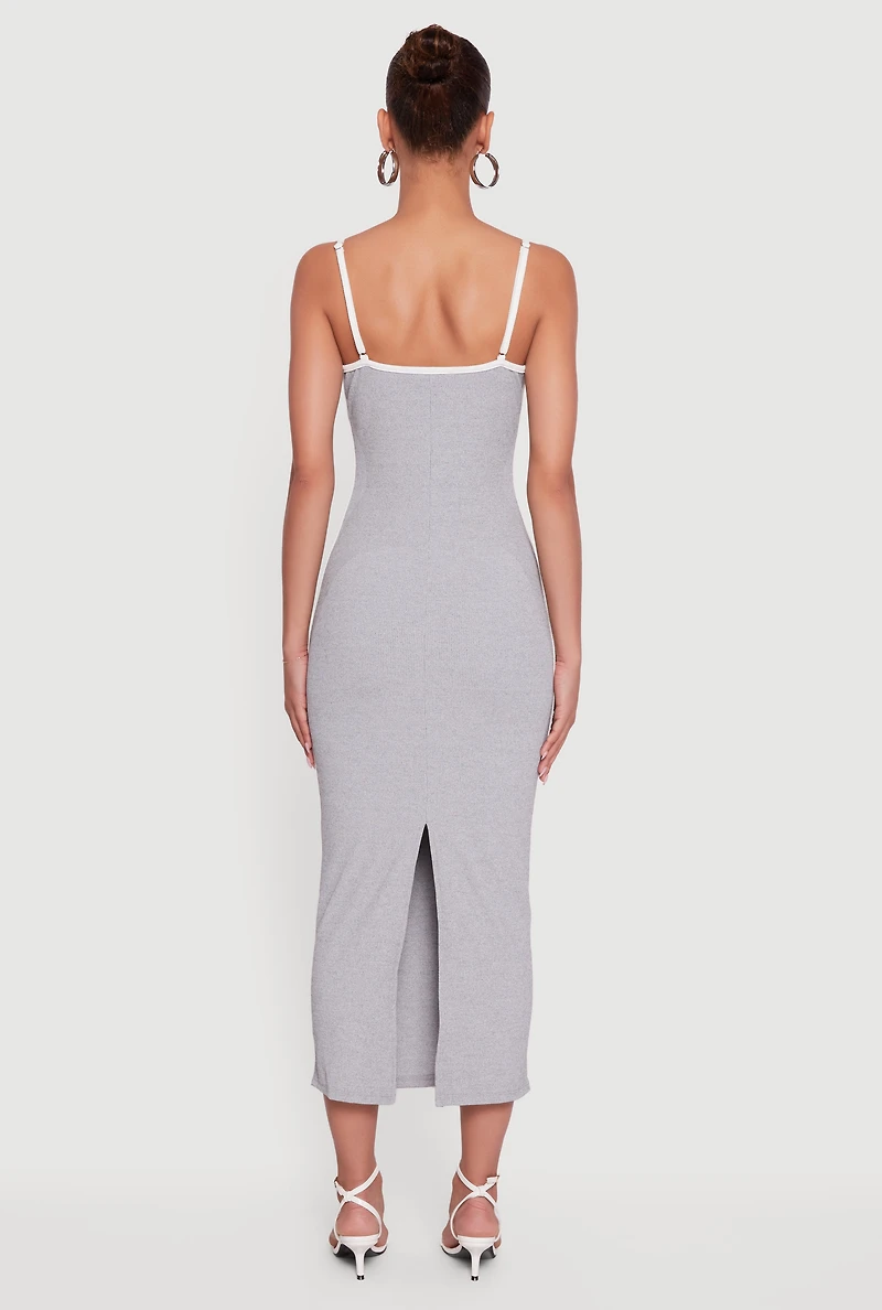 Womens Contrast Trim Square Neck Slit Back Maxi Dress, Grey, Size M