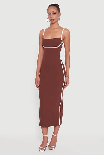Womens Contrast Trim Square Neck Slit Back Maxi Dress, Brown, Size L