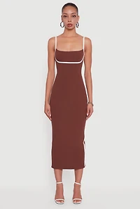 Womens Contrast Trim Square Neck Slit Back Maxi Dress, Brown, Size L