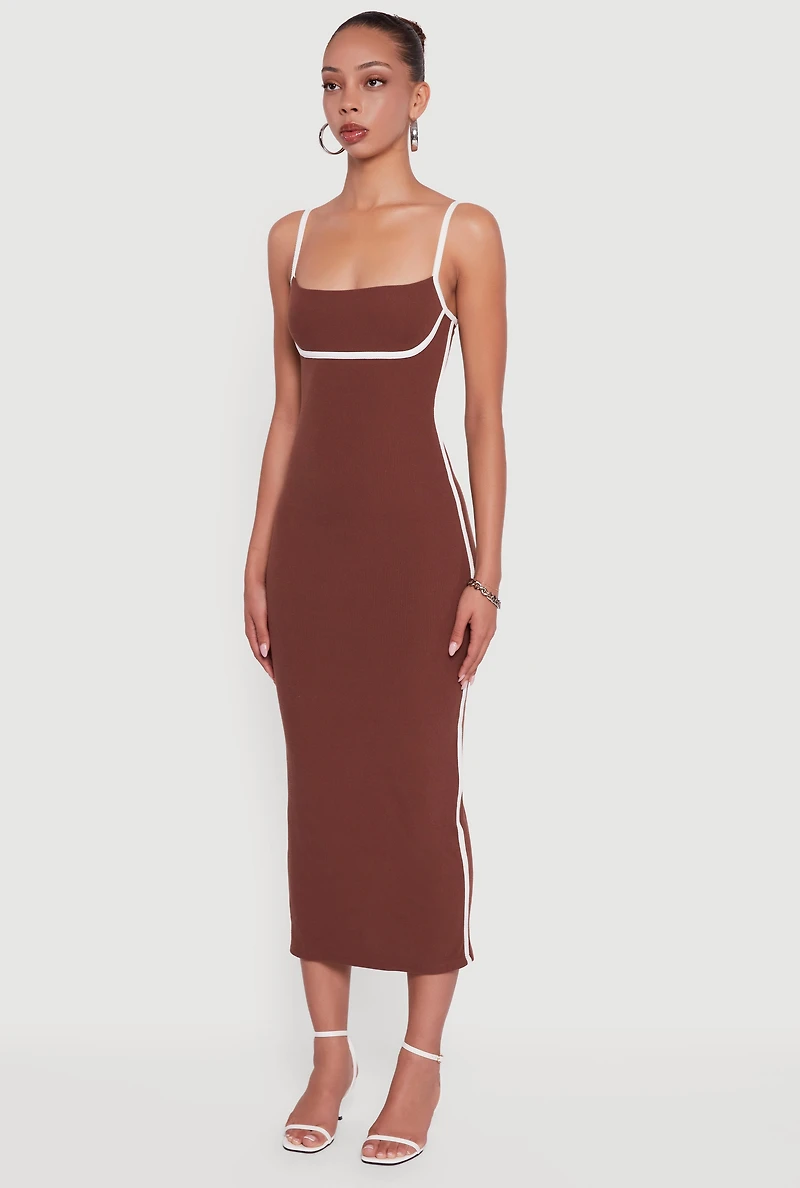 Womens Contrast Trim Square Neck Slit Back Maxi Dress, Brown, Size M