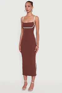 Womens Contrast Trim Square Neck Slit Back Maxi Dress, Brown, Size M