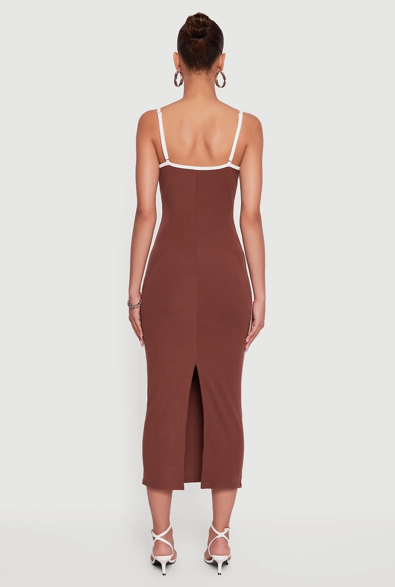 Womens Contrast Trim Square Neck Slit Back Maxi Dress, Brown, Size L