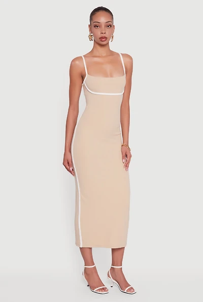 Womens Contrast Trim Square Neck Slit Back Maxi Dress,