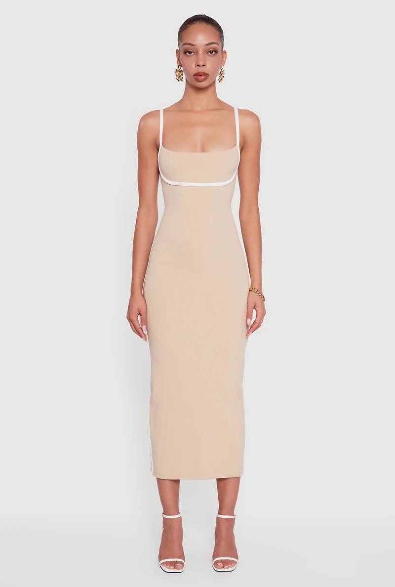 Womens Contrast Trim Square Neck Slit Back Maxi Dress, Beige, Size S