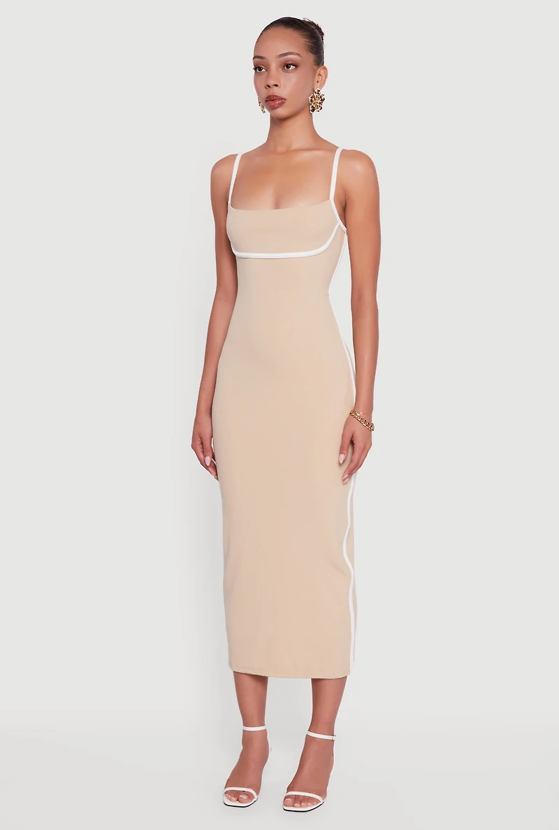 Womens Contrast Trim Square Neck Slit Back Maxi Dress, Beige, Size S