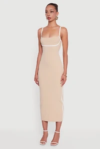 Womens Contrast Trim Square Neck Slit Back Maxi Dress, Beige, Size S