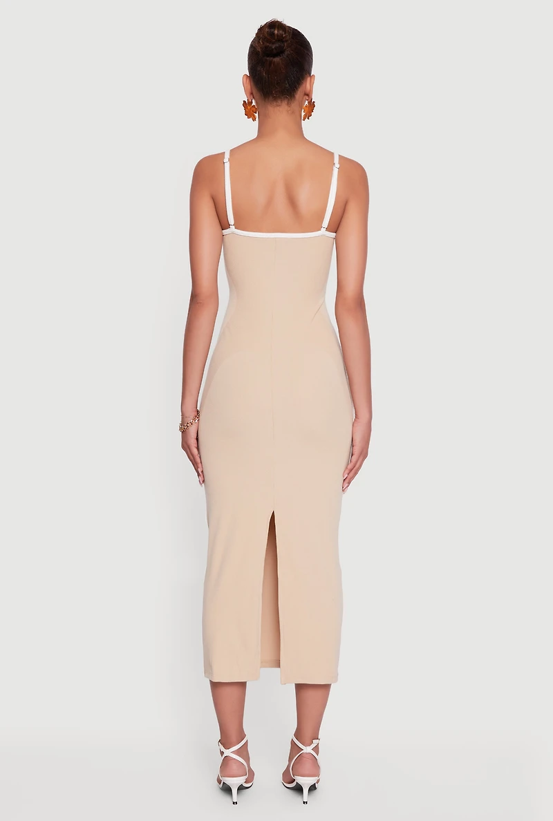 Womens Contrast Trim Square Neck Slit Back Maxi Dress, Beige, Size S