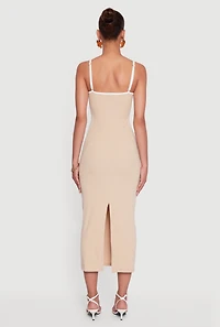 Womens Contrast Trim Square Neck Slit Back Maxi Dress, Beige, Size S