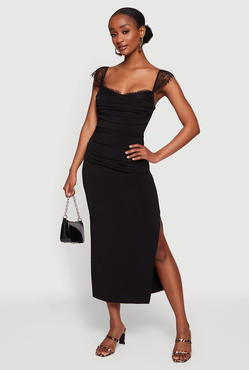 Lace Cap Sleeve Bustier Cowl Neck Midi Dress