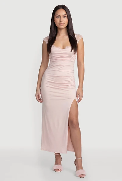 Lace Cap Sleeve Bustier Cowl Neck Midi Dress