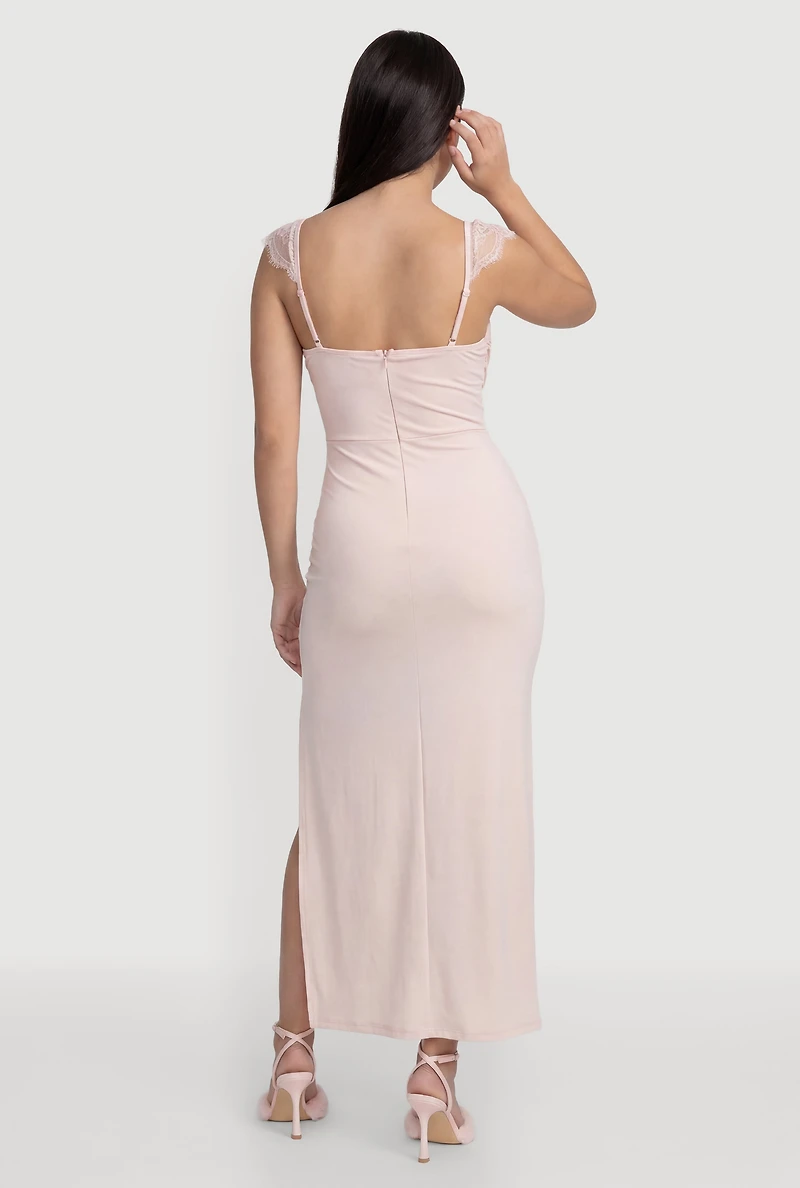 Lace Cap Sleeve Bustier Cowl Neck Midi Dress