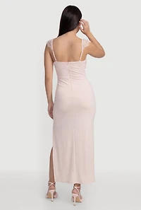 Lace Cap Sleeve Bustier Cowl Neck Midi Dress