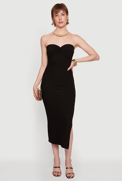 Twist Front Detail Side Slit Midi Dress