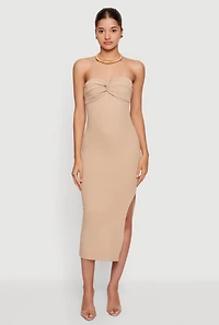 Twist Front Detail Side Slit Midi Dress