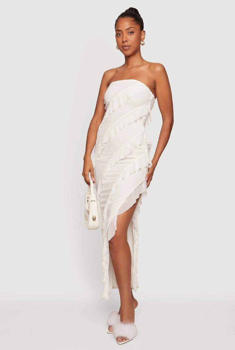 Ruffle Detail Side Slit Tube Maxi Dress