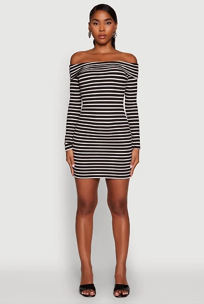 Womens Iris Striped Off The Shoulder Mini Bodycon Dress, Black, Size M