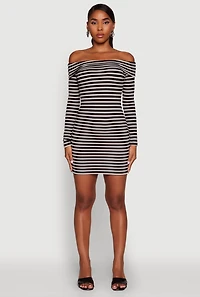 Womens Iris Striped Off The Shoulder Mini Bodycon Dress, Black, Size M